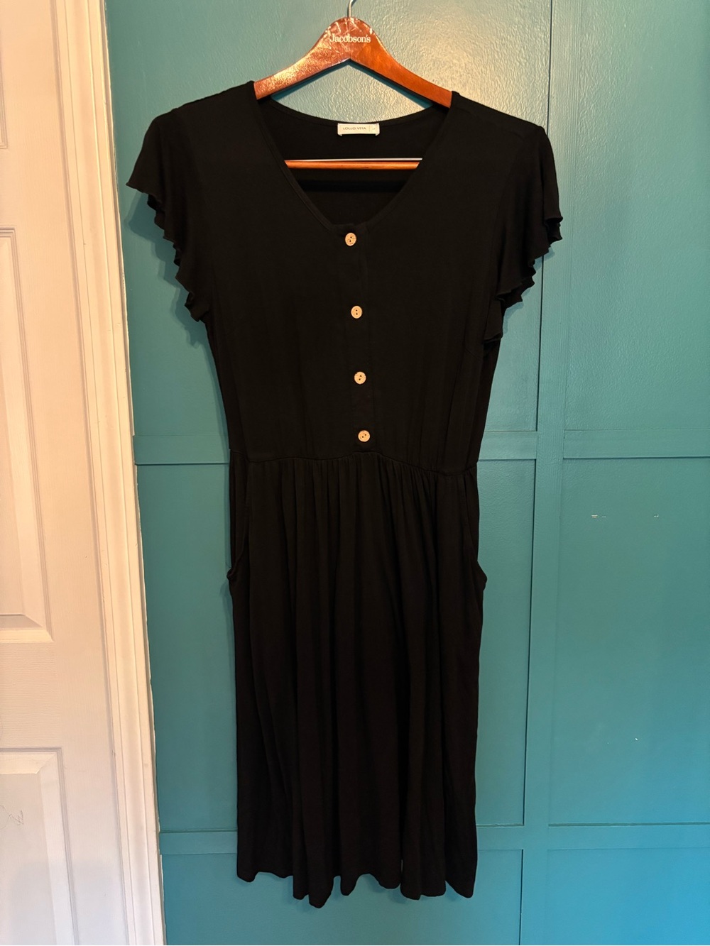 Lollo Vita Black Button-Front V-Neck Midi Dress W/ Pockets Size Large